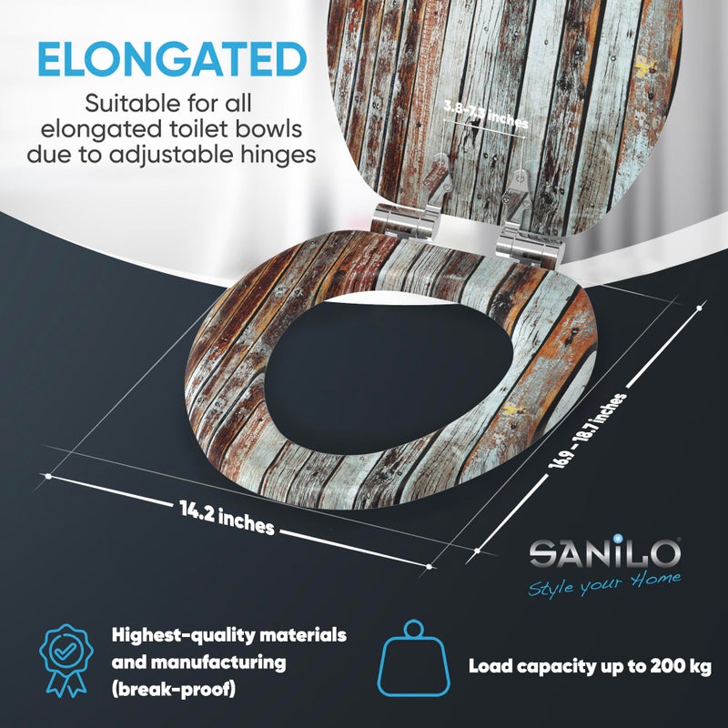 SANILO Wooden Toilet Seat with Soft Close [ELONGATED] - Decorative, Quiet & Slow Close Molded Wood Seat - With Strong Bumpers & Hinges - Adjustable Fit - Antique - Image 4